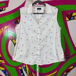 Basic Editions, Sleeveless Button Up Shirt Watermelons. Size 1X. Minor stains.